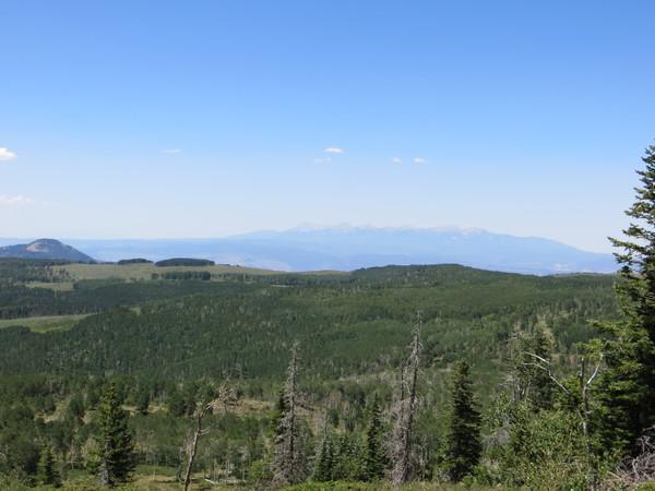 A panoramic view of a lush green landscape featuring dense forests and distant mountains under a clear blue sky with a few scattered clouds. Turkey Flats mountain bike trail.