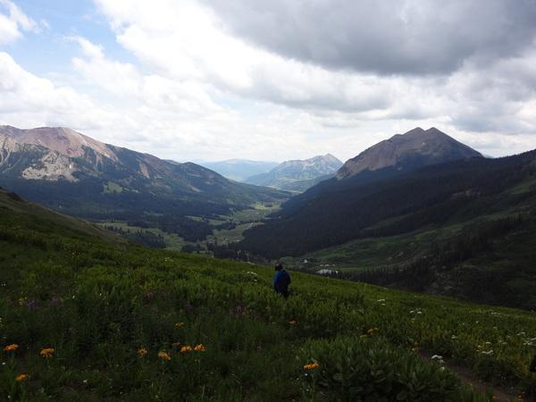 A scenic mountain landscape featuring rolling hills and valleys, with a person walking through a field of wildflowers in the foreground. The background displays dramatic mountain peaks under a cloudy sky, capturing the beauty of nature in a vibrant and lush setting. Trail 401 mountain bike trail.