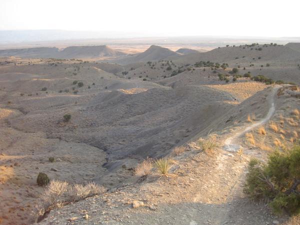 A vast, arid landscape featuring rolling hills and valleys. Sparse vegetation, including low shrubs and some scattered trees, can be seen throughout the area. A rugged dirt path winds through the terrain, leading towards the horizon under a soft, hazy sky. The scene captures the serene beauty of a natural environment. Joe's Ridge mountain bike trail.