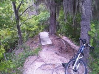 A biking trail surrounded by lush greenery, featuring a wooden bridge leading through the path. A mountain bike is partially visible on the right side of the image, resting against a tree. Alafia River State Park mountain bike trail.