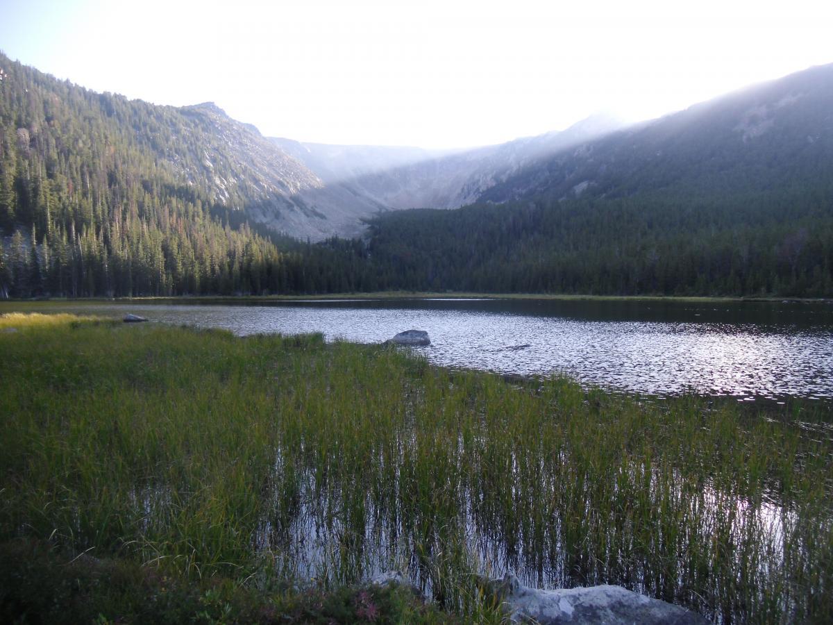 A serene landscape featuring a calm lake surrounded by lush green vegetation and tall mountains in the background, under soft sunlight with mist rising in the distance. Silver And Basin Lakes Trail mountain bike trail.