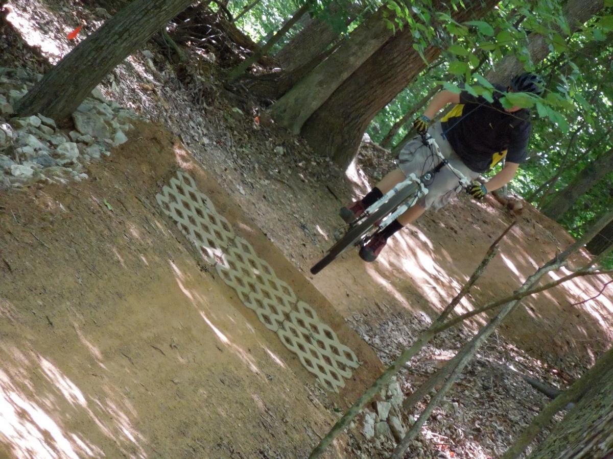 A person riding a mountain bike on a dirt trail in a wooded area, approaching a small jump made from a lattice material. The cyclist is wearing a helmet, gloves, and casual riding gear, while surrounded by trees and natural foliage. Fountainhead Regional Park mountain bike trail.