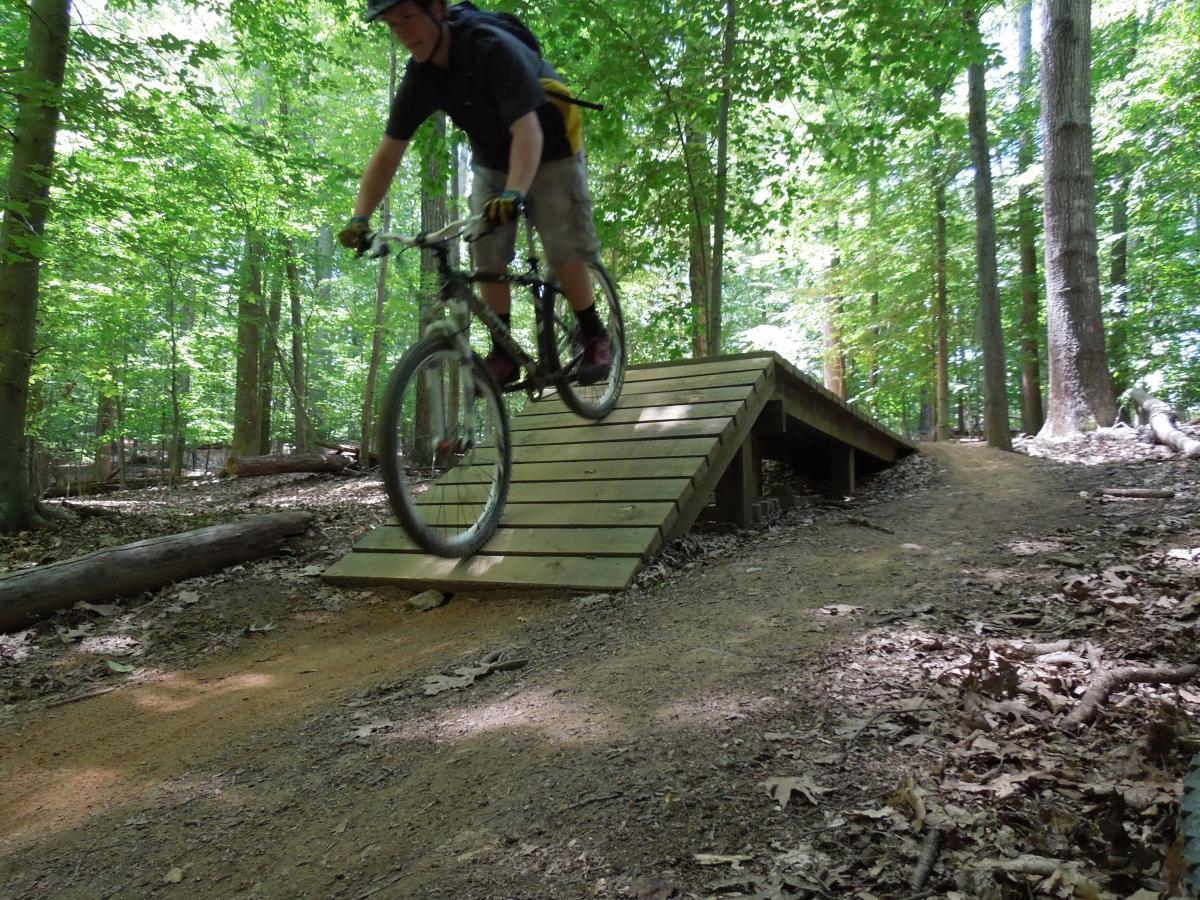 A mountain biker jumps off a wooden ramp in a lush green forest. The scene captures the cyclist mid-air above the ramp, with trees and foliage surrounding the area, showcasing a recreational trail for biking. Fountainhead Regional Park mountain bike trail.