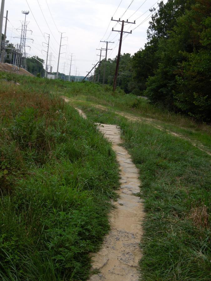 A narrow, winding dirt path lined with tall grass, leading through a clearing. Power lines stretch overhead, with tall pole structures visible in the background. The scene is set in a natural environment, with trees on the right side and a cloudy sky above. Wakefield mountain bike trail.