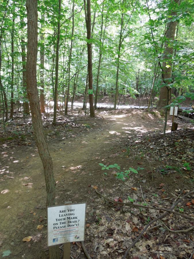 A forest trail with sunlight filtering through the lush green canopy. A sign stands on the left side of the path, reading, "Are you leaving your mark on the trail? Please don’t!" The trail winds gently deeper into the woods, surrounded by trees and fallen leaves. Fountainhead Regional Park mountain bike trail.
