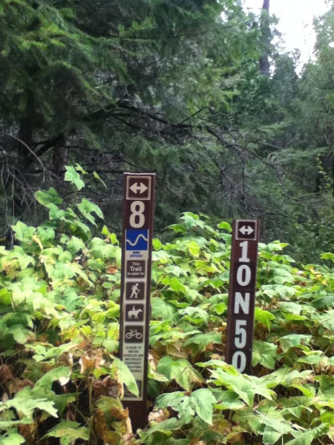 Two trail markers stand amidst dense greenery in a forest. The left marker displays the number "8" and several icons indicating trail usage for hiking, horseback riding, and biking, along with a note that the trail is open. The right marker reads "10N50." The background features trees and underbrush, creating a natural outdoor setting. Fleming Meadows mountain bike trail.