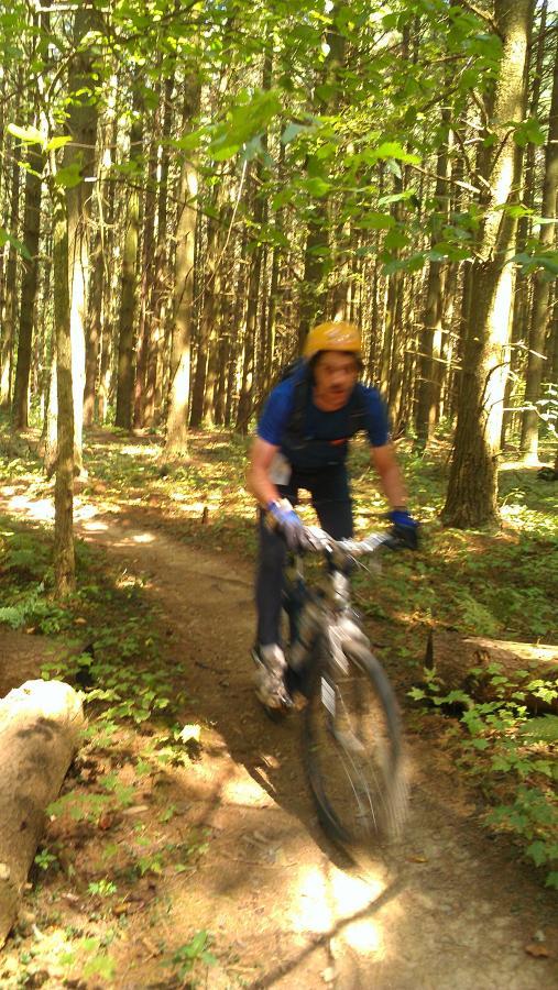 A person in a yellow helmet rides a mountain bike on a dirt trail through a forest. The background features tall trees and green foliage, indicating a sunny day with dappled light filtering through the leaves. The rider appears to be in motion, with a slightly blurred effect suggesting speed. Mohican mountain bike trail.