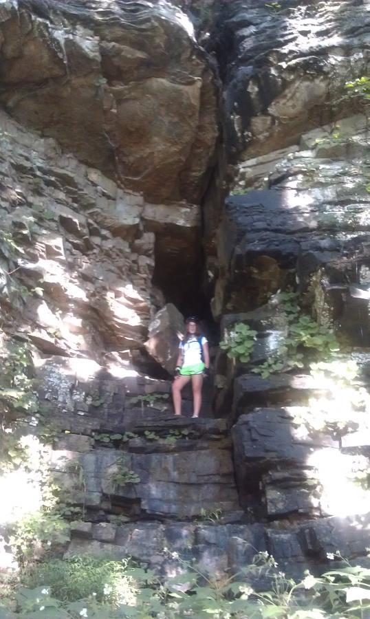 A person standing on a rock formation in a natural outdoor setting, surrounded by large boulders and greenery. Sunlight filters through the trees, highlighting the textures of the rocks and plants. Monte Sano State Park &amp; Land Trust mountain bike trail.