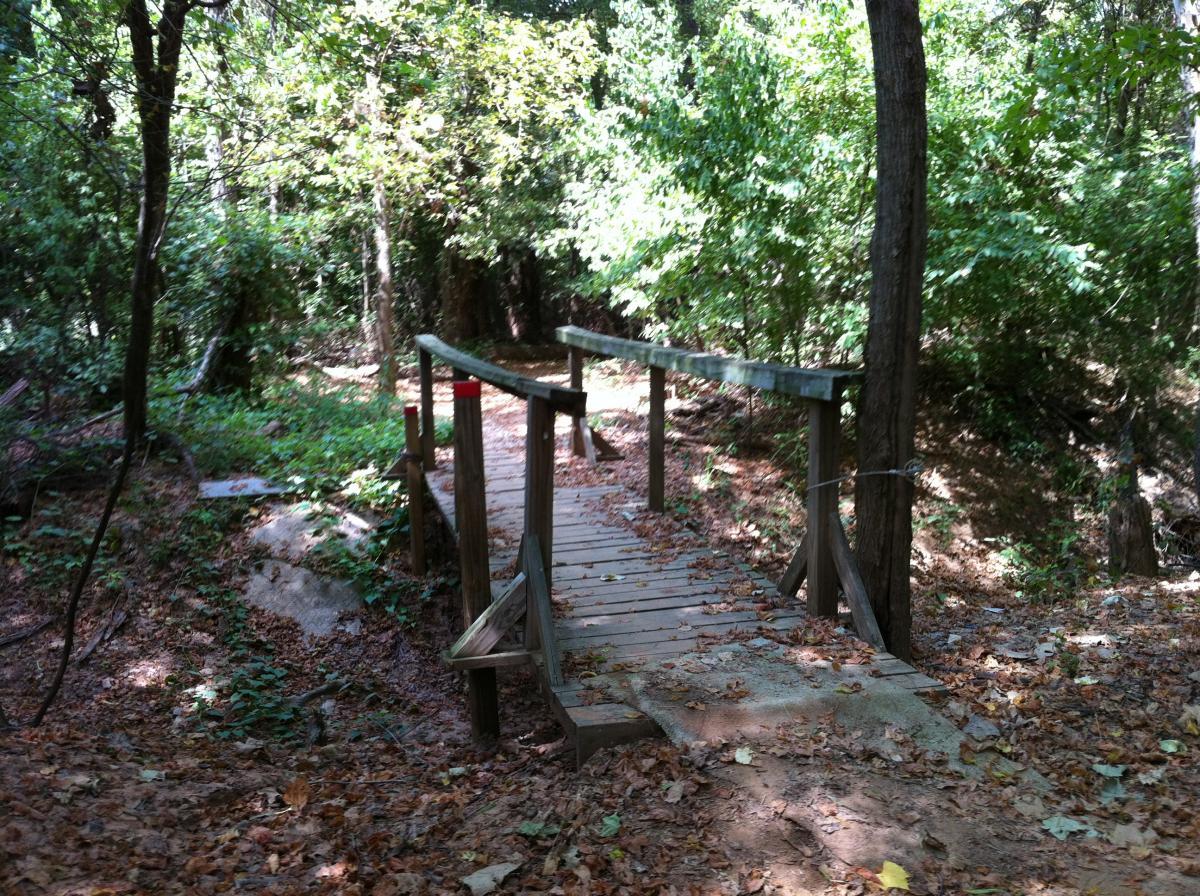 A wooden pedestrian bridge crosses a small ravine in a forested area, surrounded by trees and dense green foliage. The ground is covered with fallen leaves, and the scene is brightened by sunlight filtering through the trees. Stoner Park mountain bike trail.