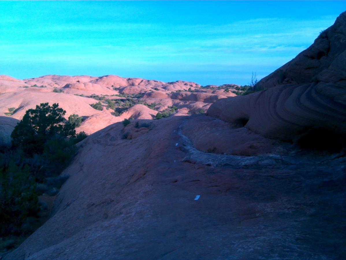 A panoramic view of rugged, red rock formations and rolling hills under a clear blue sky, with patches of greenery scattered throughout. The landscape features smooth, curved rock surfaces and winding paths, showcasing the natural beauty of the area. Slickrock mountain bike trail.