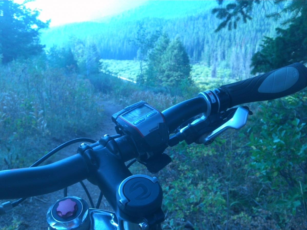Close-up view of a mountain bike's handlebars and dashboard, with a forested valley visible in the background. The handlebars feature a gear shift and a small digital display, while the surrounding landscape is characterized by lush greenery and distant mountain ranges. Rush Hour mountain bike trail.