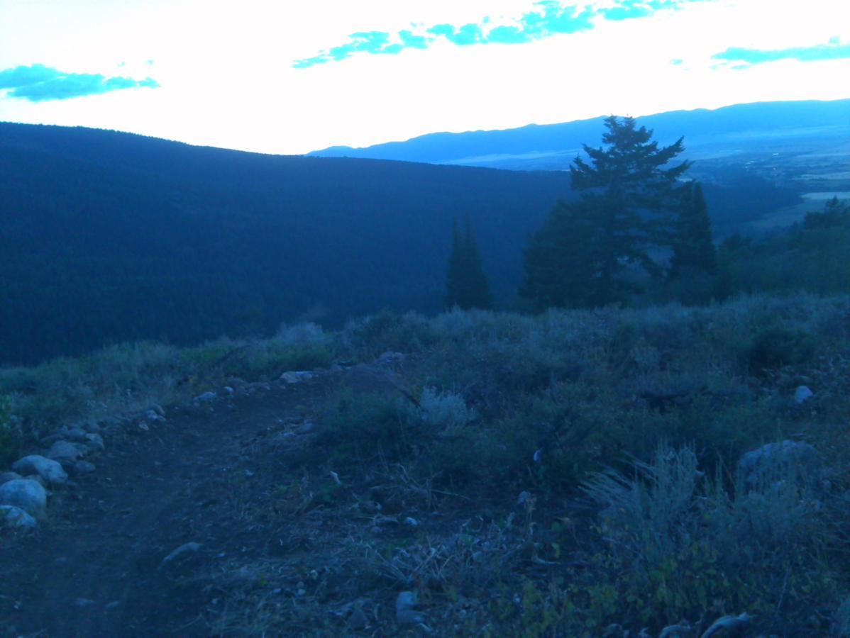 A winding trail leads through a mountainous landscape, bordered by shrubs and boulders. The scene is enveloped in a soft blue light, with distant hills fading into the horizon under a cloudy sky. Pine trees are visible in the foreground, contrasting with the expansive valley below. Mill Creek mountain bike trail.