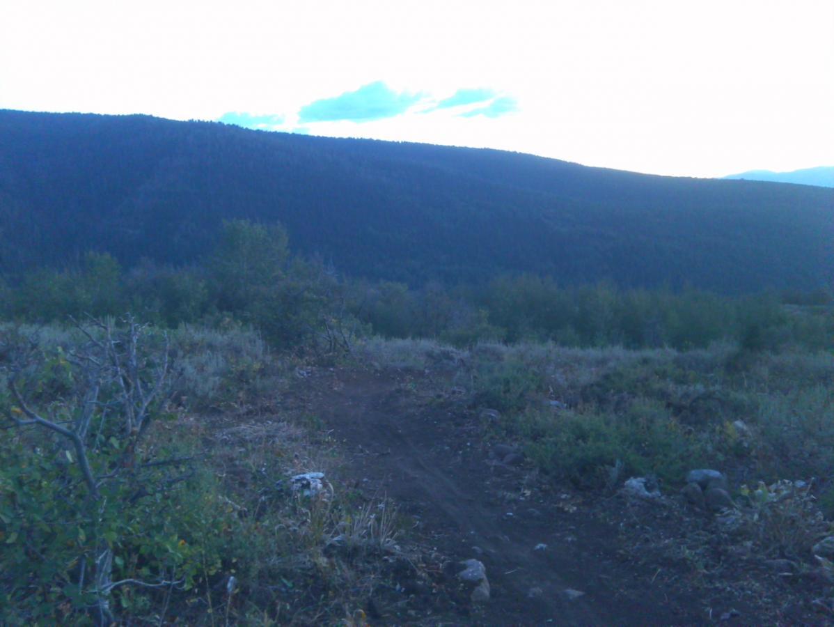 A scenic view of a mountainous landscape during twilight, featuring a winding dirt path through brush and low vegetation. The backdrop consists of dark green hills with scattered trees and a cloudy sky, creating a serene and tranquil atmosphere. Mill Creek mountain bike trail.