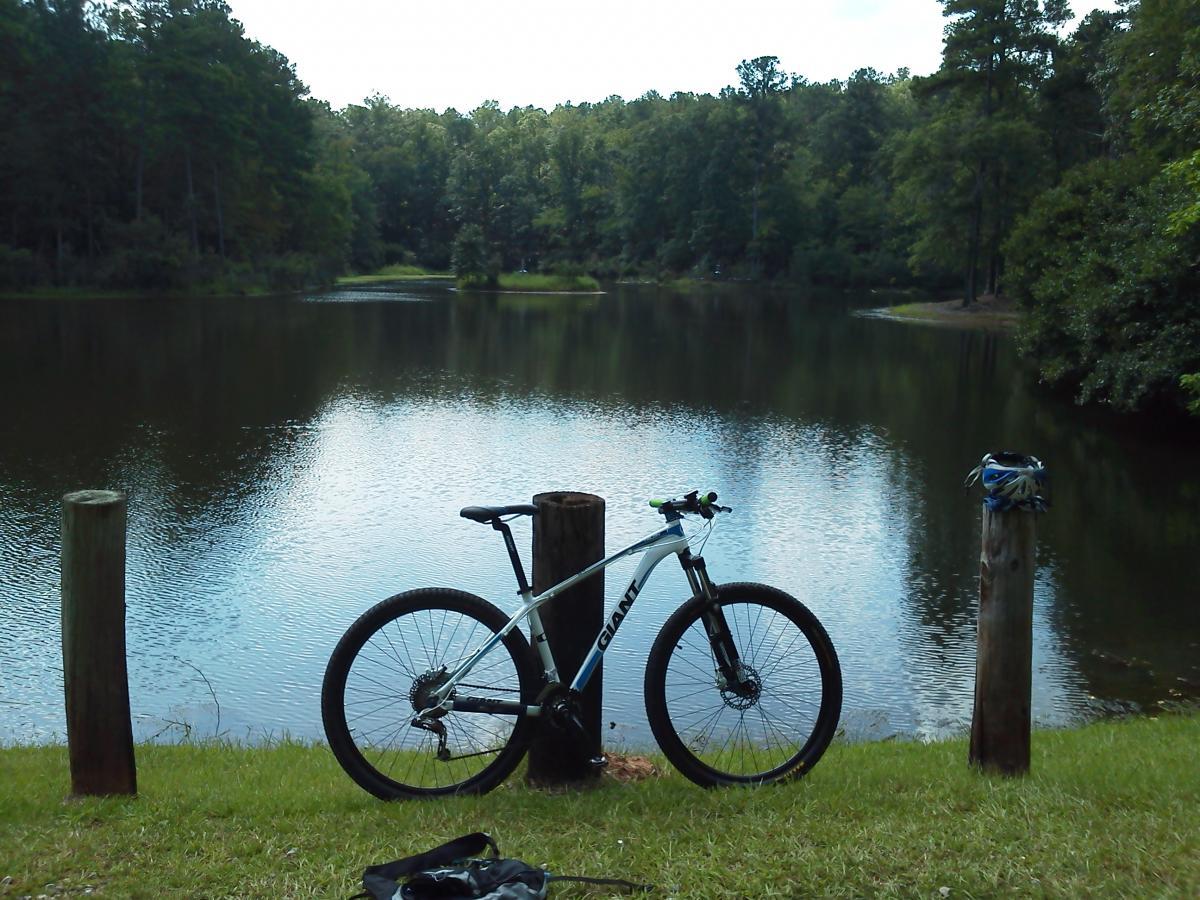 A mountain bike resting on grass beside a calm lake, with wooden posts in the background. A helmet is placed on one of the posts and the surrounding area is lush with trees. The scene is tranquil, reflecting a sunny day outdoors. Dauset Trails Nature Center mountain bike trail.