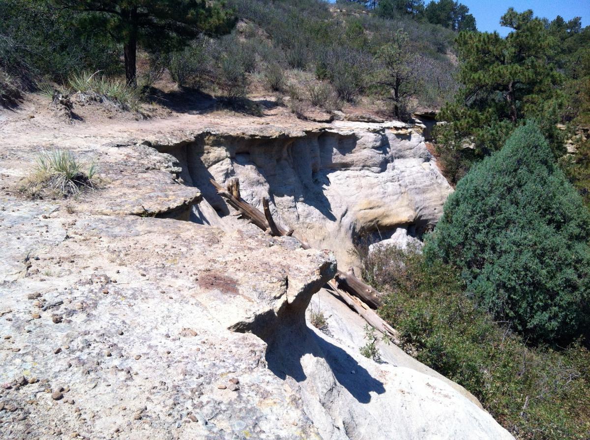 A rocky landscape with eroded cliffs, featuring exposed sandstone and patches of greenery, including shrubs and trees. Sunlight casts shadows on the terrain, highlighting the texture of the rocks and the contours of the land. Palmer Park mountain bike trail.
