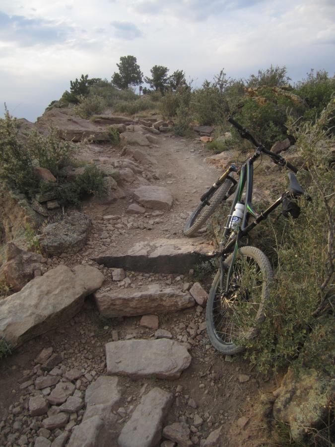 A mountain bike rests on a rocky trail surrounded by shrubs and trees, with a clear sky in the background. The path is uneven, featuring large stones and dirt, indicating a rugged outdoor environment suitable for biking. Coyote Ridge mountain bike trail.