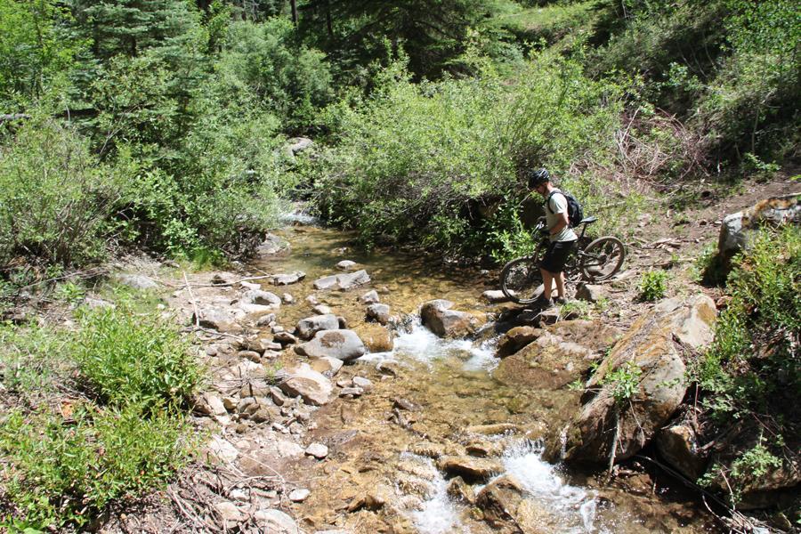 A cyclist standing next to a shallow stream in a lush, green forest, examining the rocky terrain while holding a mountain bike. Sunlight filters through the trees, illuminating the scene. Hermosa Creek Trail mountain bike trail.