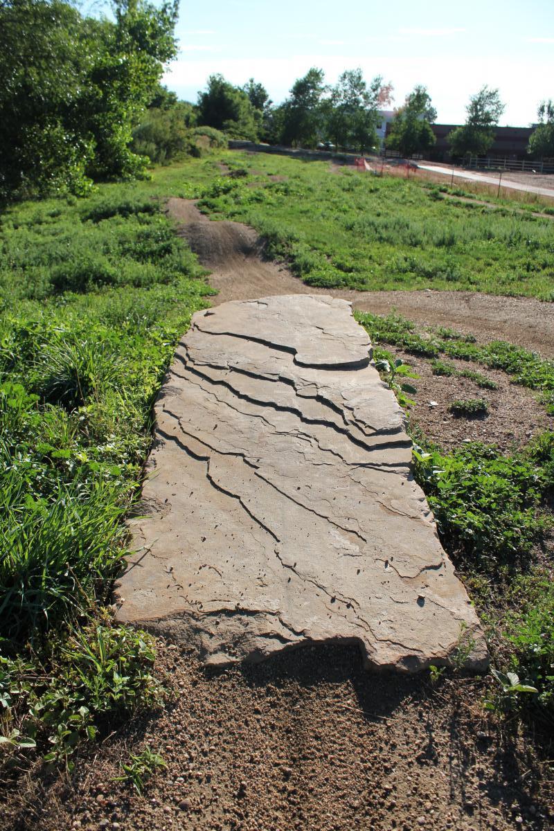 A wide, flat rock pathway leading through a green landscape, bordered by areas of grass and dirt. The surface of the rock features natural, textured lines and patterns. In the background, trees and vegetation are visible, along with a glimpse of a gravel path and a fence. The scene is bathed in natural sunlight. Valmont Bike Park mountain bike trail.