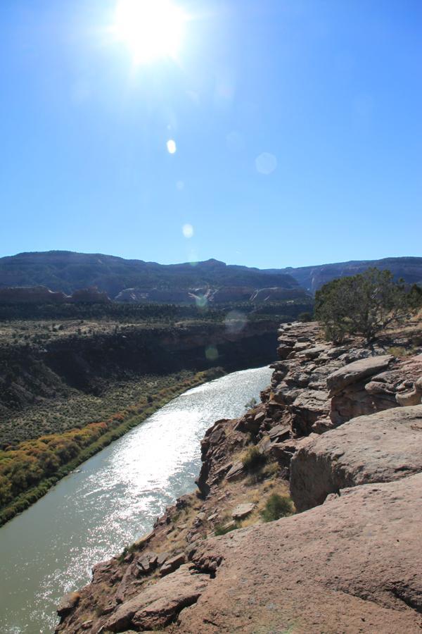 A scenic view of a winding river surrounded by rugged cliffs and distant mountains under a clear blue sky, with the sun shining brightly overhead. Mary's Loop / Horsethief Bench mountain bike trail.