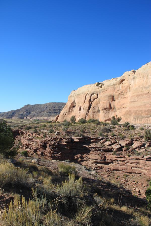 A rocky landscape featuring layered cliffs and rocky outcrops, with sparse vegetation in the foreground and a clear blue sky above, showcasing a natural, arid environment. Mary's Loop / Horsethief Bench mountain bike trail.