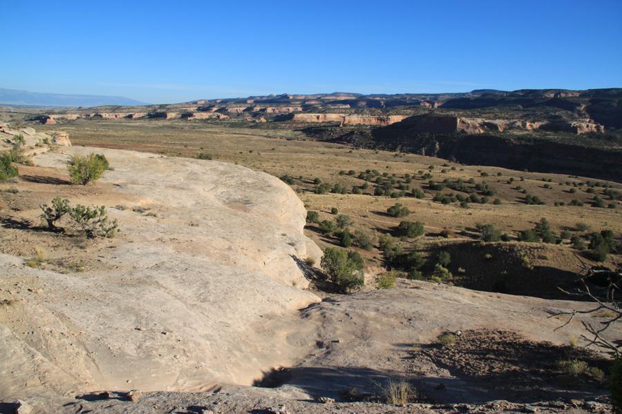 A panoramic view of a vast, arid landscape featuring rolling hills and rocky formations under a clear blue sky. Small shrubs and trees dot the terrain, showcasing the natural beauty of the area. The sun casts gentle shadows, enhancing the textures of the rocky surfaces and the contours of the land. Mary's Loop / Horsethief Bench mountain bike trail.