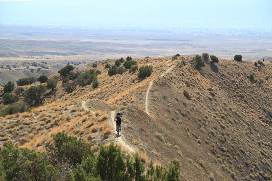A mountain biker riding along a winding trail on a hillside, surrounded by dry, grassy terrain and sparse vegetation. The landscape stretches into the distance, revealing a vast, open valley below. Zippety Do Dah mountain bike trail.
