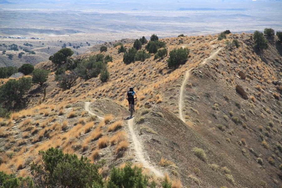 A cyclist riding along a narrow dirt trail on a hilly landscape, surrounded by dry grasses and sparse shrubs, with a scenic view of rolling hills and distant terrain under a clear blue sky. Zippety Do Dah mountain bike trail.