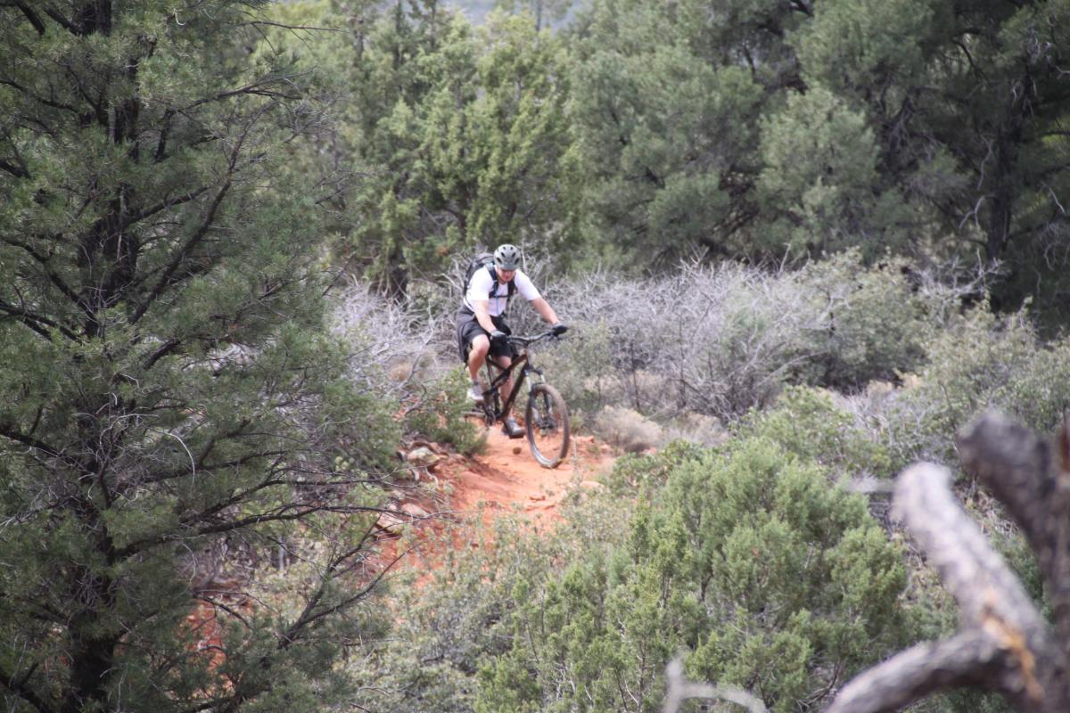A mountain biker navigating a dirt trail surrounded by greenery in a forested area. Broken Arrow Trail / Chicken Point mountain bike trail.