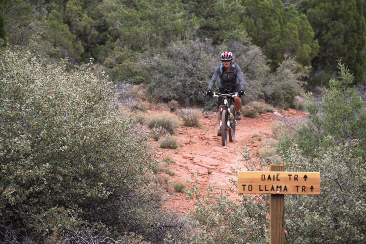 A mountain biker riding along a rocky trail surrounded by shrubs and trees, with a wooden directional sign indicating "Bail Trail" and "To Llama Trail" in the foreground. Broken Arrow Trail / Chicken Point mountain bike trail.