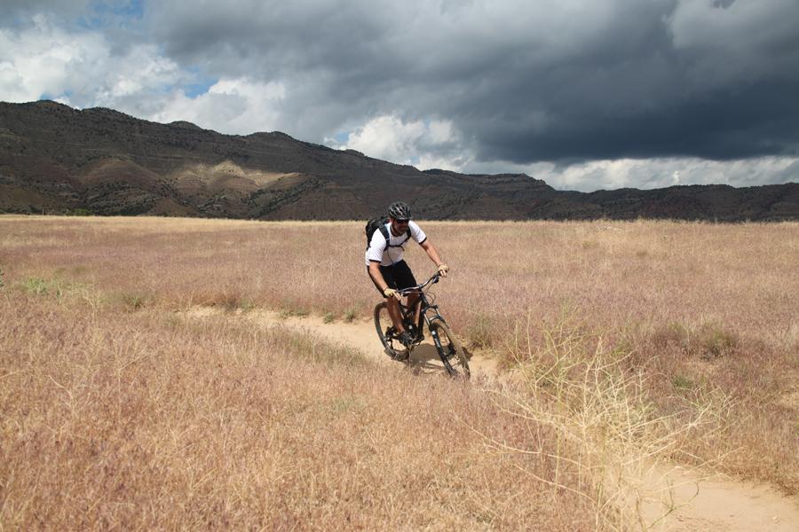 A mountain biker rides along a dirt path through a field of tall grass, with mountains and a cloudy sky in the background. The cyclist is wearing a helmet and a backpack, focused on navigating the terrain. Chutes and Ladders mountain bike trail.