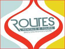Logo for Routes Rentals & Tours, featuring the word "ROUTES" prominently in a modern font, with the tagline "RENTALS & TOURS" below and "BIKES/SNOWSHOES/MORE" at the bottom. The background is a colorful design with curves in shades of light blue, red, and yellow.