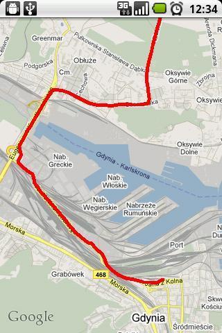 Piotr Potulski Move! Bike computer: A map of Gdynia, Poland, highlighting a route in red that includes key locations such as the port and various navigation points (Nab Greckie, Nab Włotskie, Nab Węgierskie, Nabrzęże Rumurskie) along with surrounding streets and regions.