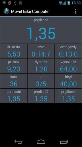 Piotr Potulski Move! Bike computer: Screenshot of a bike computer app displaying various metrics, including speed (1.35 km/h), average speed (5.53 km/h), maximum speed (9.23 km/h), distance (1.20 km), elevation (64 m), and time metrics. The app interface features a dark background with blue text and icons.