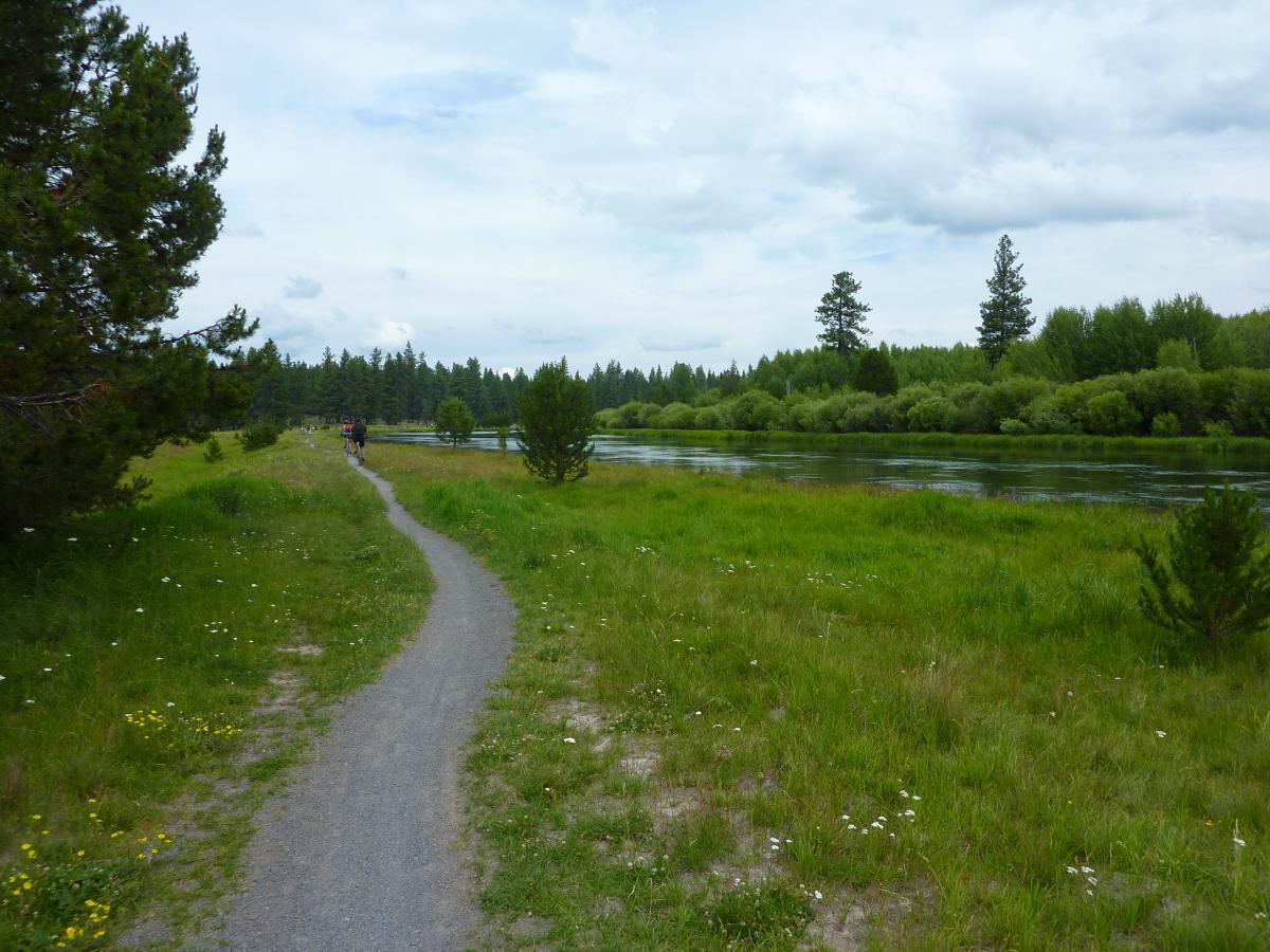 A winding path through a lush green landscape leads alongside a calm river, with people walking in the distance. The scene is framed by trees on either side and under a partly cloudy sky. Wildflowers dot the grassy area, adding vibrant colors to the serene natural setting. Deschutes River mountain bike trail.