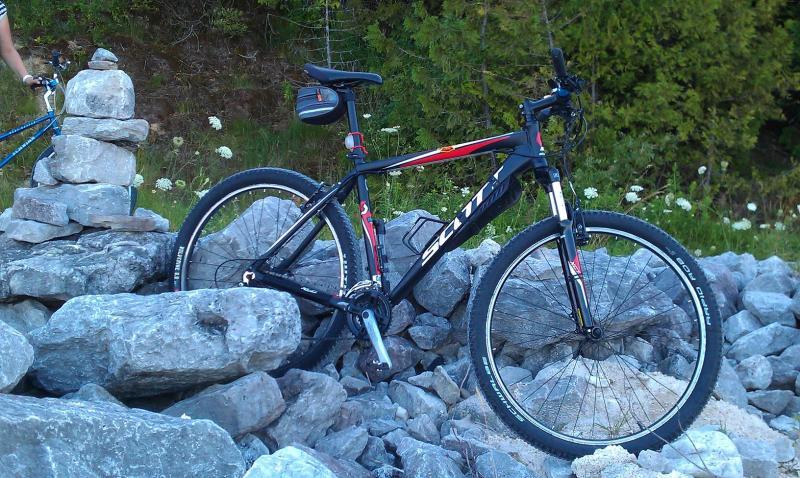 Scott Aspect Trail 29er: A black mountain bike rests on a pile of rocks in a natural outdoor setting, with a small stack of stones nearby. Lush green trees and wildflowers appear in the background, suggesting a scenic location for cycling.