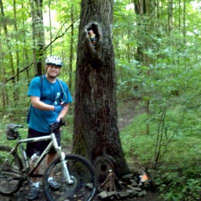 A cyclist stands next to a mountain bike in a lush green forest, with a tree nearby that has a hollow filled with a small figure. Surrounding the tree are various natural elements like stones and twigs, creating a whimsical setting. Nockamixon State Park mountain bike trail.