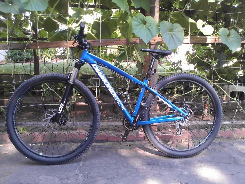 Diamondback Overdrive Sport: A blue Diamondback mountain bike stands against a wooden fence with green leaves in the background. The bike features thick tires, a sturdy frame, and is angled to show its profile, emphasizing its design and components.