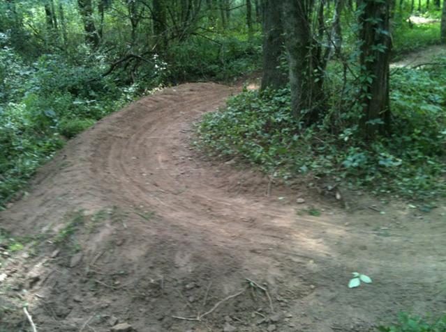 A winding dirt path through a wooded area, surrounded by lush greenery and trees, with a gentle curve in the trail. Nockamixon State Park mountain bike trail.