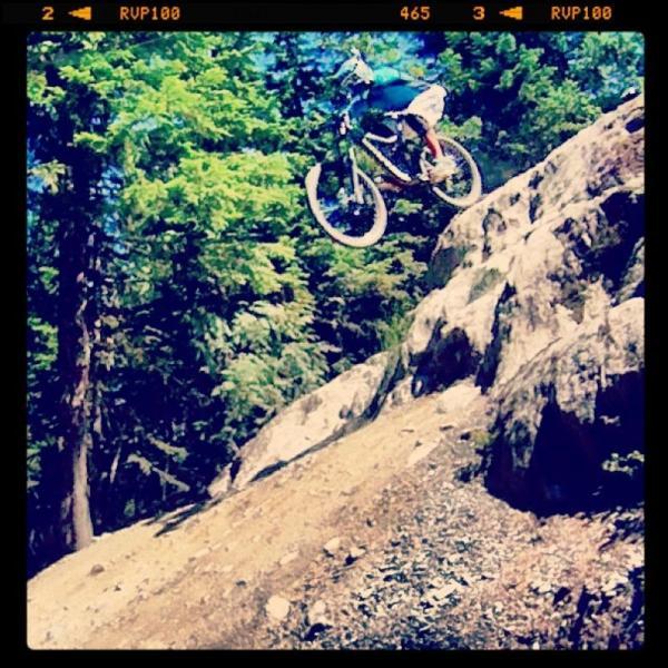 A mountain biker in mid-air performing a jump off a rocky ledge, surrounded by lush green trees. The rider is wearing a blue shirt and shorts, showcasing an adventurous moment in a natural outdoor setting. Don Valley mountain bike trail.