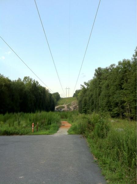 A clear view of a rural road leading toward a gently sloping hill. Power lines stretch above the landscape, which is surrounded by dense greenery on both sides. The scene is set under a blue sky with a few clouds. Harbins Park mountain bike trail.