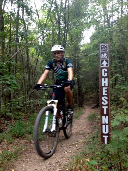 A cyclist riding on a dirt trail surrounded by trees, with a signpost marking the Chestnut trail ahead. Tanasi Trail System mountain bike trail.