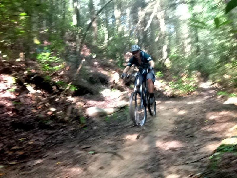A mountain biker navigating a dirt trail in a wooded area, surrounded by lush green foliage. The cyclist is focused on the trail ahead, demonstrating speed and agility as they ride over a natural terrain. Bear Creek mountain bike trail.