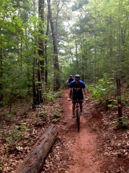 Two mountain bikers riding on a narrow dirt trail surrounded by dense greenery in a forest. One biker is in the foreground, focused on navigating the trail, while another follows behind. The scene captures the natural beauty of the woods, with tall trees and scattered leaves on the ground. Jake Mountain Trails mountain bike trail.