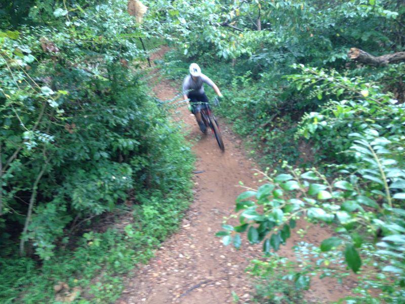 A person riding a mountain bike on a dirt trail surrounded by dense greenery and trees. The rider is leaning into a turn, suggesting high speed, with a helmet for safety. Rotary Park mountain bike trail.