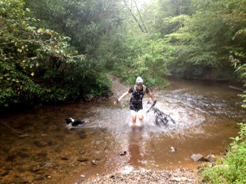 A cyclist wades through a shallow stream while carrying a bicycle, surrounded by lush greenery and underbrush on both sides. A small dog appears to be playing in the water nearby. The scene suggests a moment of adventure or challenge in a natural setting, possibly during or after a rain. Jake Mountain Trails mountain bike trail.