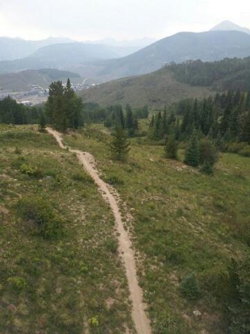 A winding dirt path leads through a lush green landscape of shrubs and trees, surrounded by rolling hills and distant mountains under a hazy sky. Evolution Bike Park at Crested Butte Mountain Resort mountain bike trail.