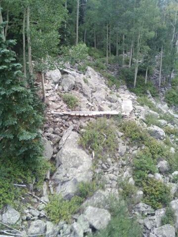 A wooden bridge spans a rocky terrain surrounded by lush green trees and shrubs. The bridge is built over a steep area, connecting two sides of a rocky slope. Evolution Bike Park at Crested Butte Mountain Resort mountain bike trail.