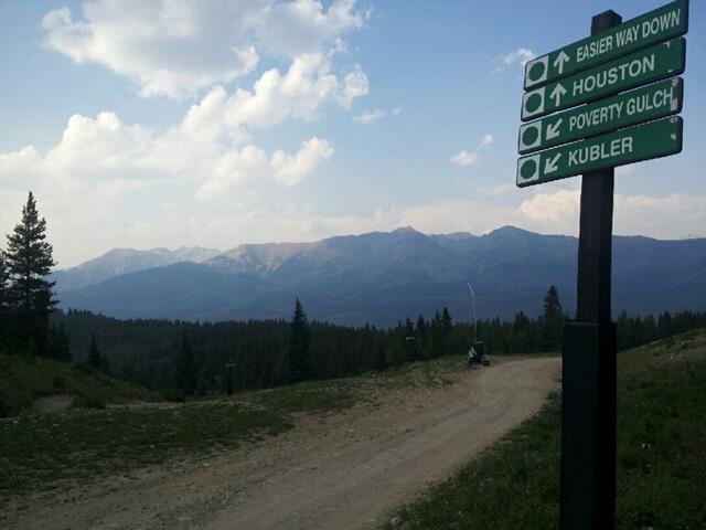 A scenic view of mountainous terrain with a dirt road leading into the distance. A green signpost on the left displays directional arrows for several trails: "Easier Way Down," "Houston," "Poverty Gulch," and "Kubler." The sky is partly cloudy, adding to the picturesque landscape surrounded by trees. Evolution Bike Park at Crested Butte Mountain Resort mountain bike trail.