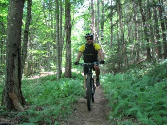 A person riding a mountain bike on a narrow trail surrounded by lush greenery and trees. The cyclist is wearing a helmet and sunglasses, dressed in a yellow and black outfit, with ferns and dirt visible on the path. Kingdom Trails mountain bike trail.