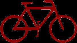 Illustration of a red bicycle icon, featuring a simple design with two circular wheels, a triangular frame, and handlebars.
